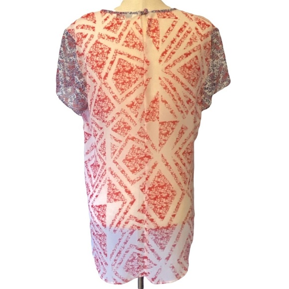 CAbi #732 Semi Sheer Coquette Red White Geometric Blouse Size Medium‎ - Picture 6 of 10